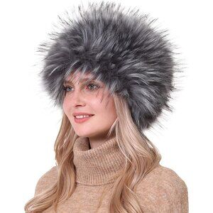 Women's Grey With Tips Winter Faux Fur Cossak Russian Style Hat Warm Cap
